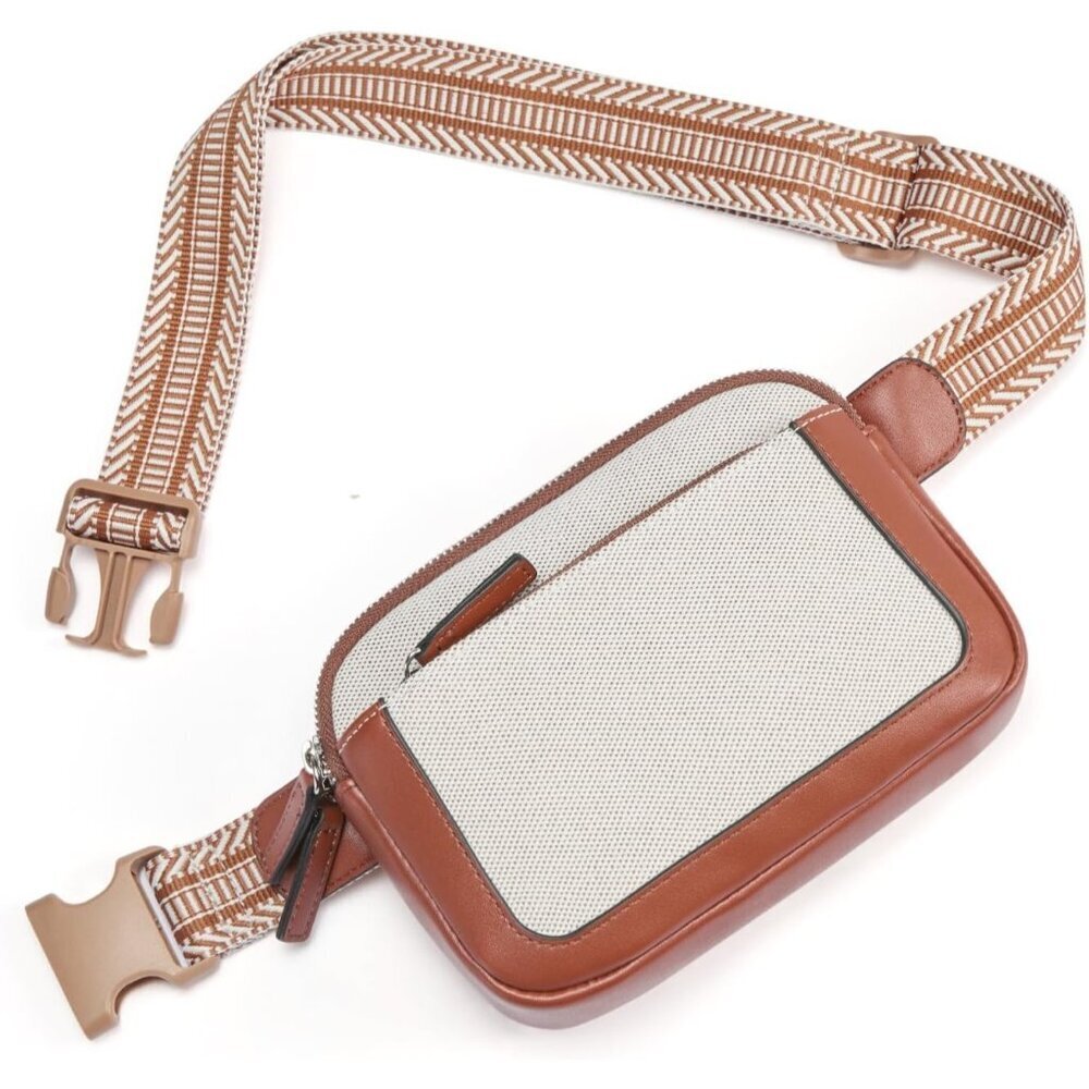 Women's White & Brown Mini Everywhere Cross Body Waist Bag Adjustable Strap